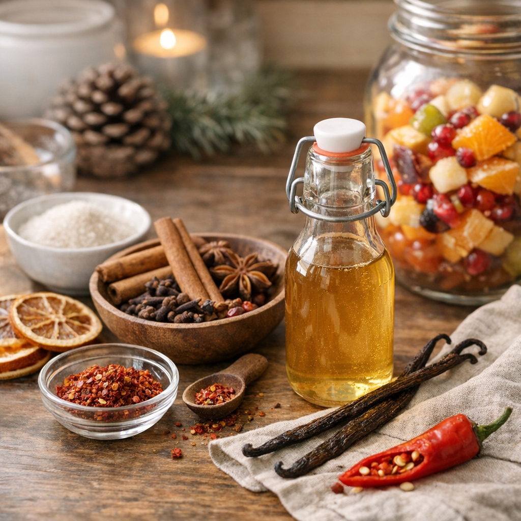 Sirop léger : épices de Noël, vanille et option piment d’Espelette doux