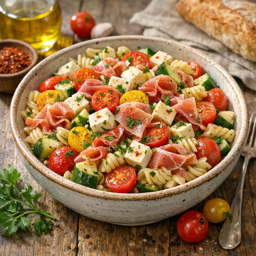 La Recette de Salade de pâtes basque : fraîche et rapide