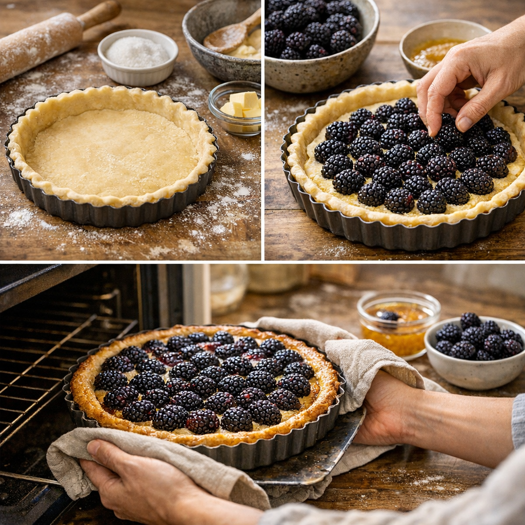 Préparation pas à pas : pâte, mûres et cuisson