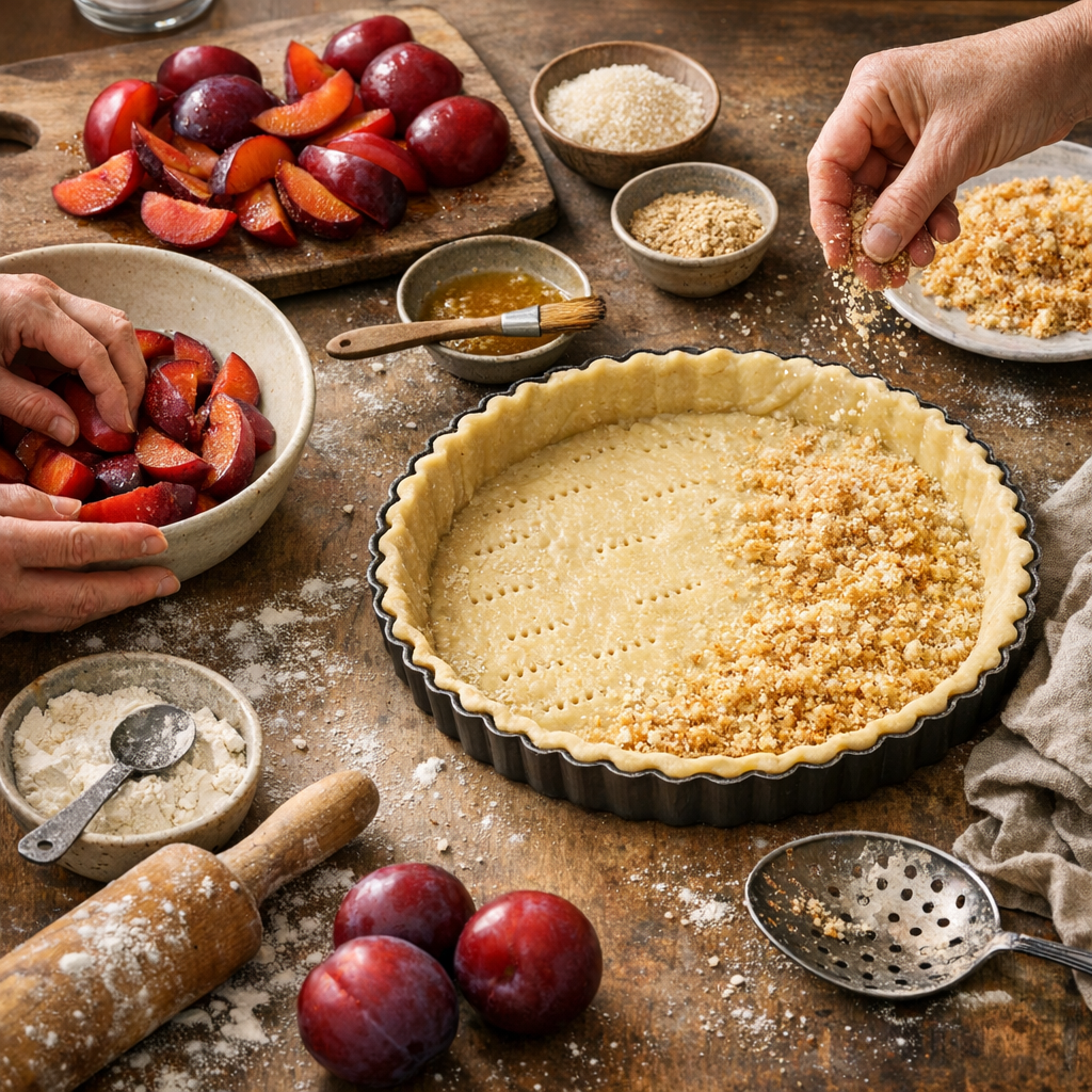 Préparation pas à pas pour une tarte aux prunes rouges non détrempée