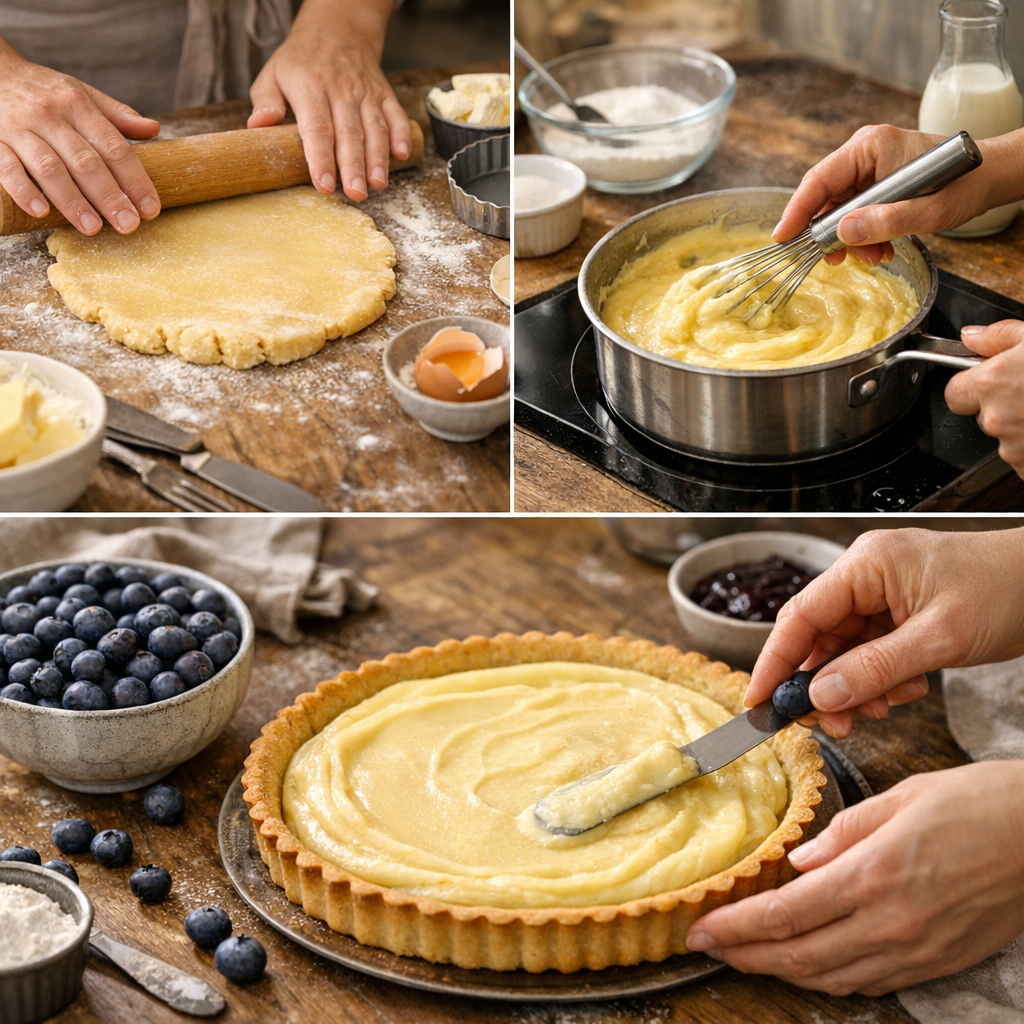 Préparation de la pâte sucrée, de la crème pâtissière et montage