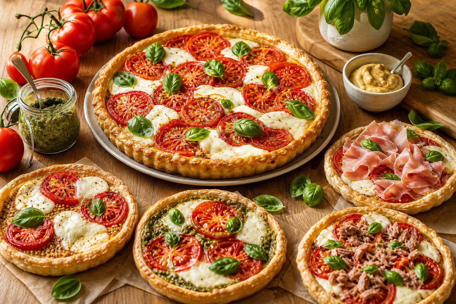Variantes de la tarte tomate mozzarella : moutarde, pesto, thon ou jambon
