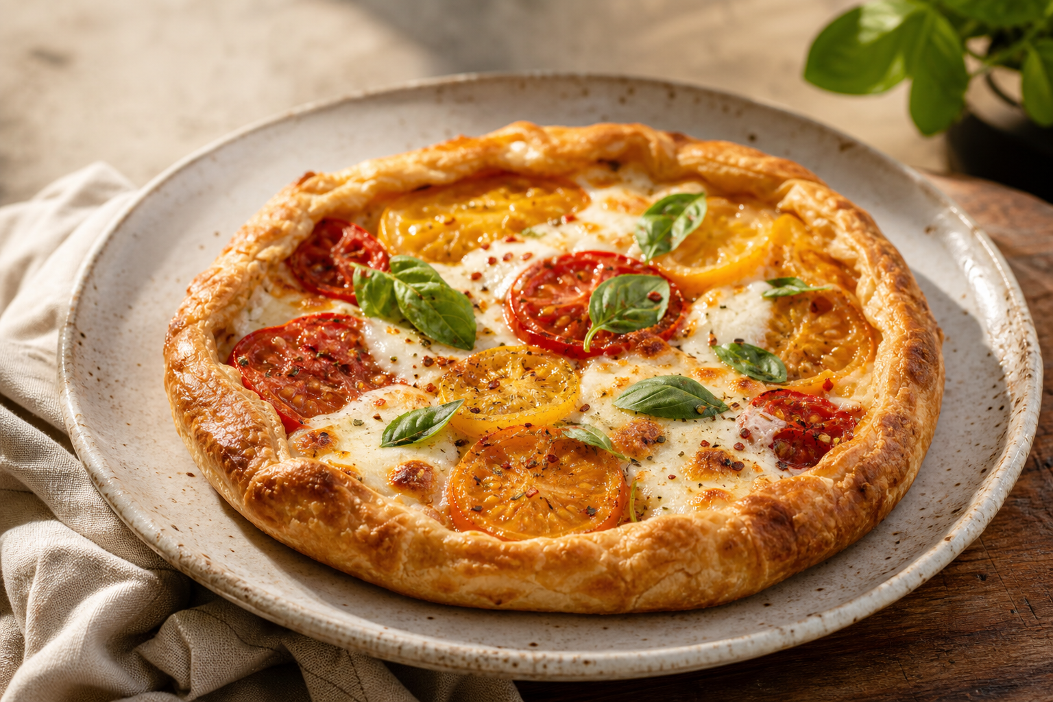 La tarte tomate mozza offre une pâte croustillante et un cœur fondant