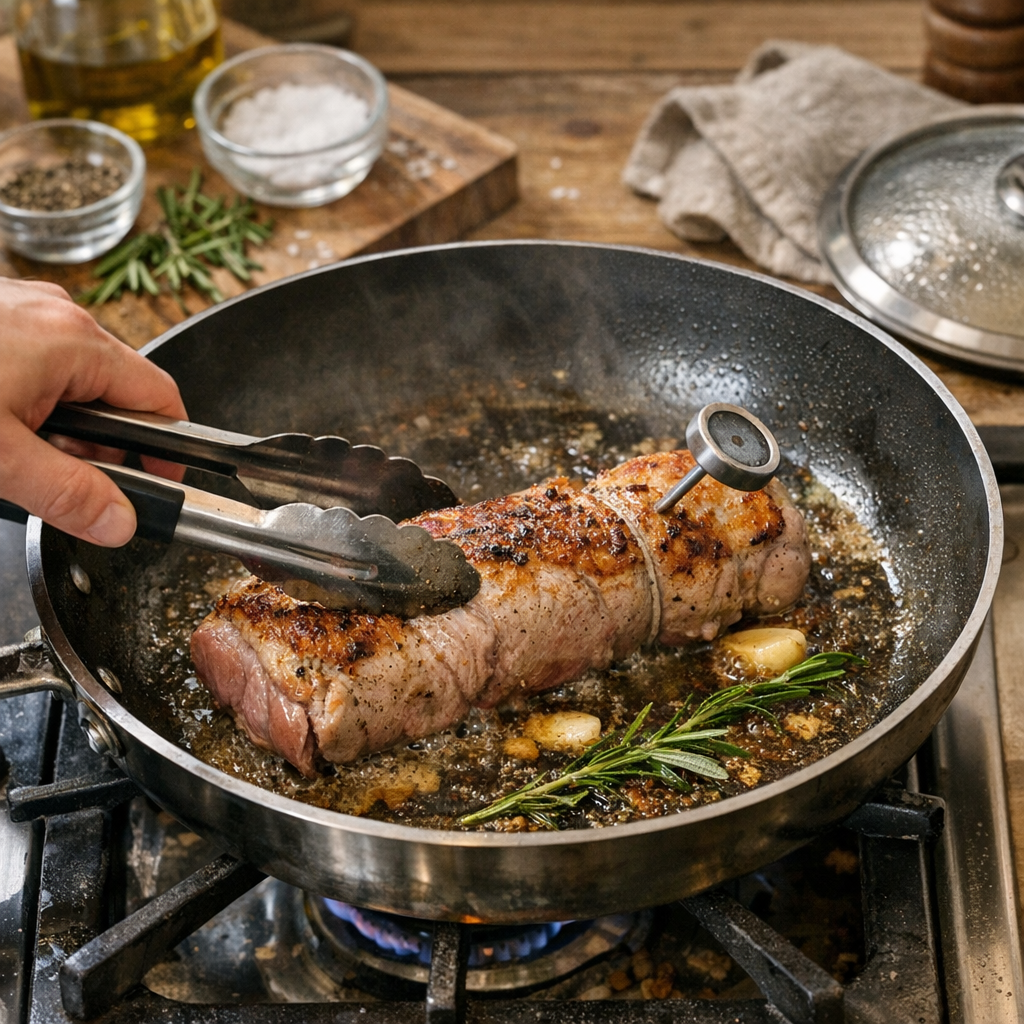Préparation : saisir puis cuire le filet mignon sans le dessécher