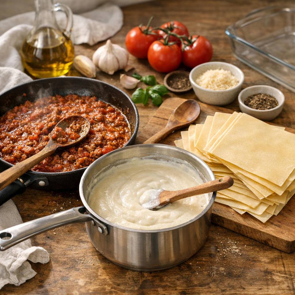 Préparation : bolognaise, béchamel et pâtes à lasagne