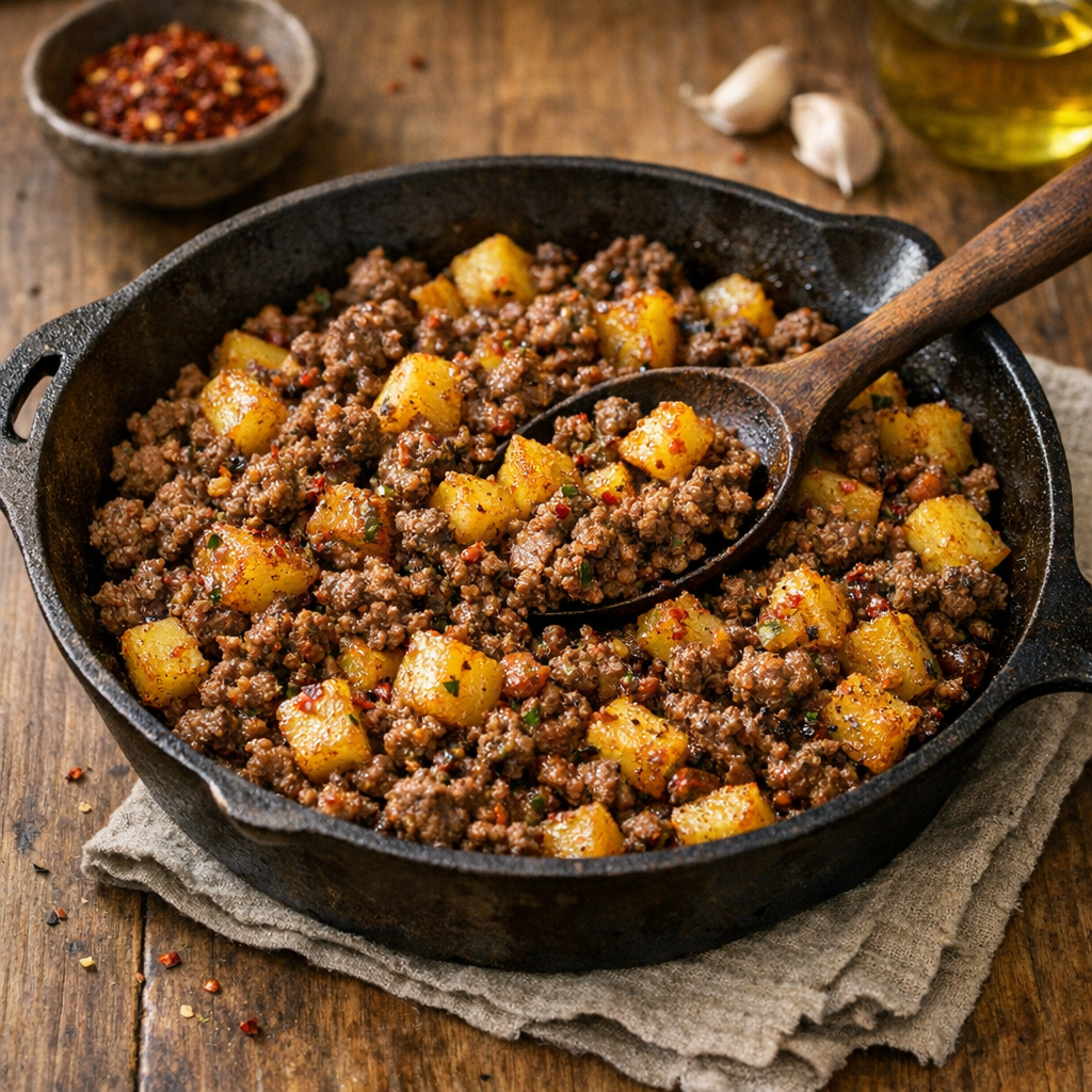 La viande hachée et les pommes de terre se cuisinent à la poêle